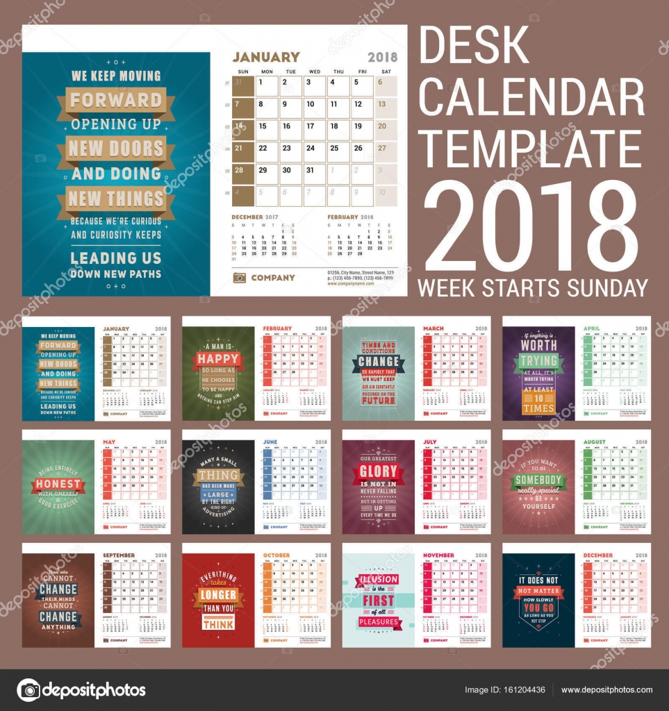 Desk Calendar Template For 18 Year Template With Motivational Quote Set Of 12 Months Week Starts On Sunday Vector Illustration Stock Vector Image By C Antartstock