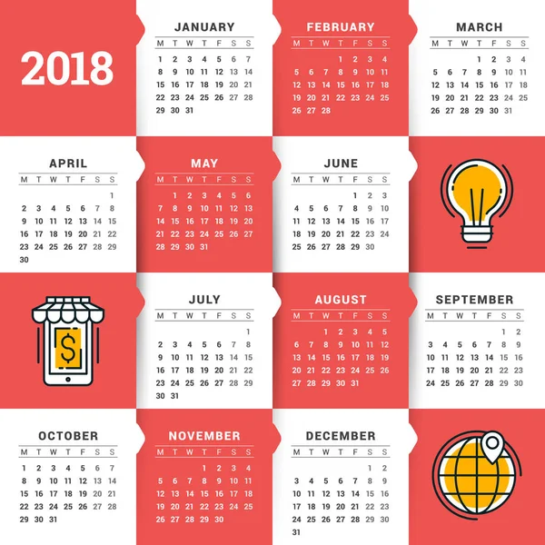 2018 年的日历。矢量设计模板。周从星期一开始。平面样式颜色矢量图和业务图标 — 图库矢量图片