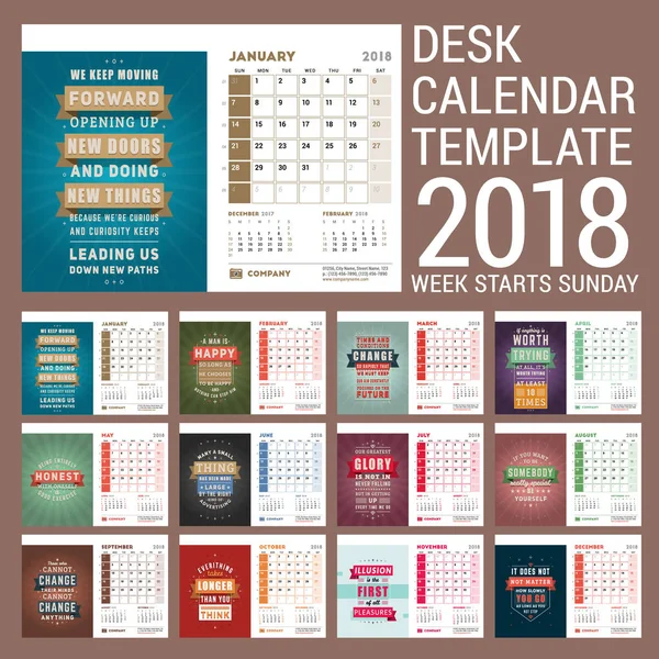 Templat Kalender Meja untuk Tahun 2018. Templat dengan Motivational Quote. Set 12 Bulan. Minggu dimulai pada hari Minggu. Ilustrasi Vektor - Stok Vektor