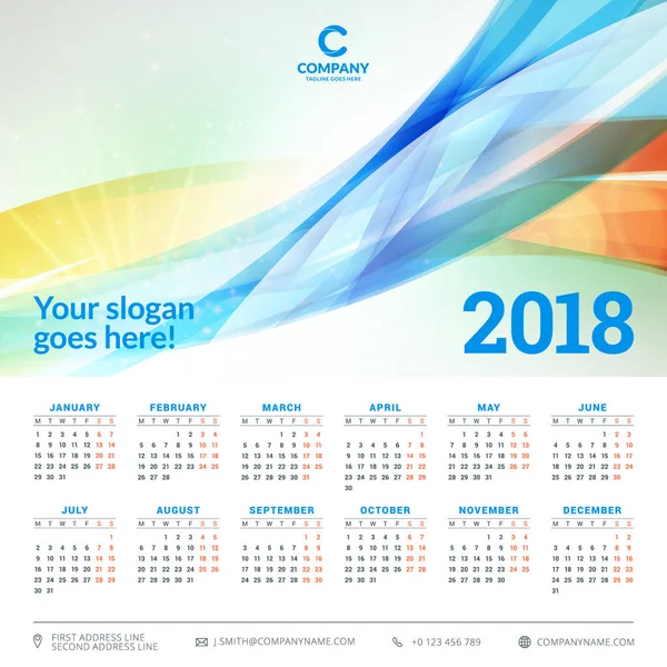 Calendario para 2018 año. Plantilla de diseño vectorial. La semana comienza el lunes. Ilustración vectorial con fondo abstracto claro — Vector de stock