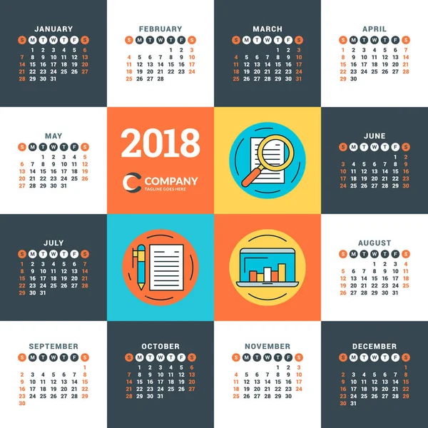 Calendar for 2018 year. Vector design template. Week starts on Sunday. Flat style color vector illustration with business icons — Stock Vector