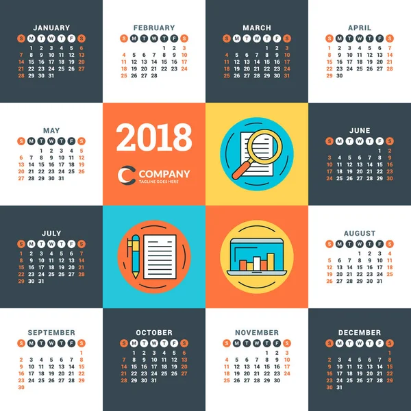 Calendario para 2018 año. Plantilla de diseño vectorial. La semana comienza el domingo. Ilustración de vectores de color de estilo plano con iconos comerciales — Archivo Imágenes Vectoriales