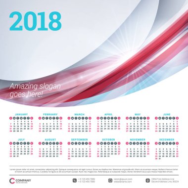 2018 yıl için takvim. Vektör tasarım şablonu. Hafta Pazar günü başlar. Vektör çizim ile dalga arka plan