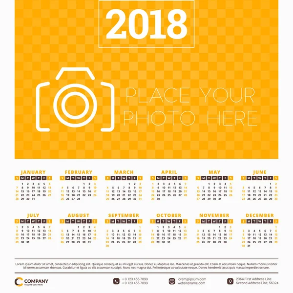 Ημερολόγιο για το έτος 2018. Διάνυσμα πρότυπο σχεδίασης. Εβδομάδα ξεκινά την Κυριακή. Εικονογράφηση διάνυσμα με θέση για φωτογραφία — Διανυσματικό Αρχείο