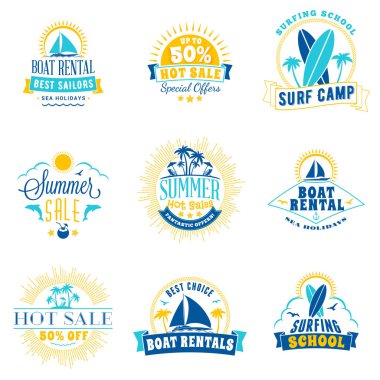 Yaz satış promosyon amblemi tasarım kümesi. Başlık sayfası veya poster için rozetleri reklam tipografik retro tarzı yaz. Mavi ve sarı renk teması. Beyaz izole. Vektör çizim