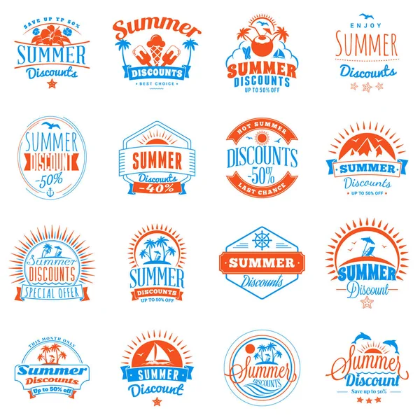 Set von Sommer-Rabatt-Werbe-Emblem Design. Typografische Sommerwerbeplaketten im Retro-Stil für Banner oder Poster. rote und blaue Farbe Thema. isoliert auf weiß. Vektorillustration — Stockvektor