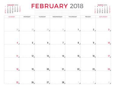 Şubat 2018. Takvim planlayıcısı tasarım şablonu. Hafta Pazar günü başlar. İleti örneği tasarım