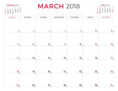 Mart 2018. Takvim planlayıcısı tasarım şablonu. Hafta Pazar günü başlar. İleti örneği tasarım