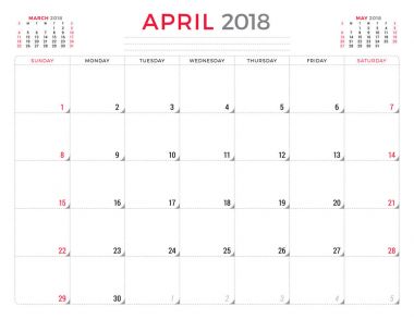 Nisan 2018. Takvim planlayıcısı tasarım şablonu. Hafta Pazar günü başlar. İleti örneği tasarım