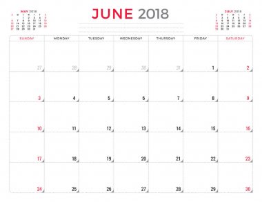 Haziran 2018. Takvim planlayıcısı tasarım şablonu. Hafta Pazar günü başlar. İleti örneği tasarım