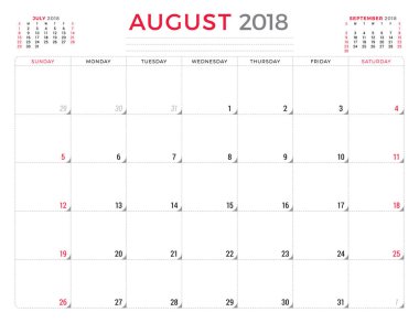 Ağustos 2018. Takvim planlayıcısı tasarım şablonu. Hafta Pazar günü başlar. İleti örneği tasarım