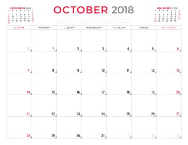 Ekim 2018. Takvim planlayıcısı tasarım şablonu. Hafta Pazar günü başlar. İleti örneği tasarım