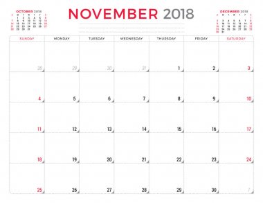 Kasım 2018. Takvim planlayıcısı tasarım şablonu. Hafta Pazar günü başlar. İleti örneği tasarım
