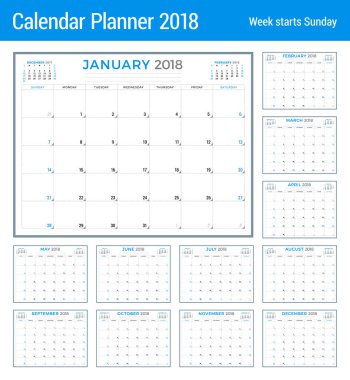 2018 yıl için takvim planlayıcısı. Vektör tasarım şablonu. Hafta Pazar günü başlar. İleti örneği tasarımı. 12 ay kümesi