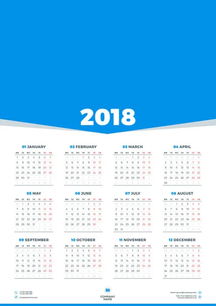 Modèle de conception de calendrier pour 2018 Année. La semaine commence lundi. Papeterie Design. Affiche de calendrier vectoriel avec place pour photo — Image vectorielle