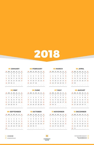 Modèle de conception de calendrier pour 2018 Année. La semaine commence dimanche. Papeterie Design. Affiche de calendrier vectoriel avec place pour photo — Image vectorielle