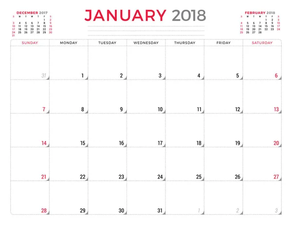 Januar 2018. Kalenderplaner Design-Vorlage. Die Woche beginnt am Sonntag. Schreibwarendesign — Stockvektor