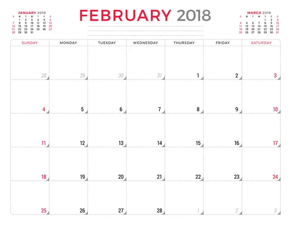 Febrero de 2018. Plantilla de diseño de planificador de calendario. La semana comienza el domingo. Diseño de papelería — Archivo Imágenes Vectoriales