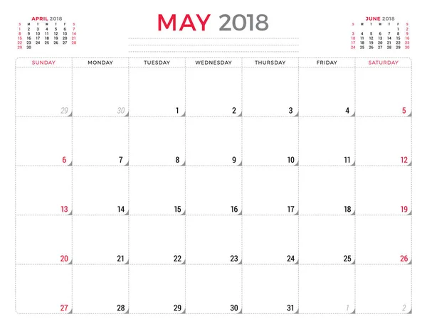 Maj 2018. Kalendermall planerare design. Veckan börjar på söndag. Pappersvaror design — Stock vektor