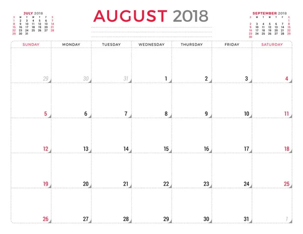 Agosto de 2018. Plantilla de diseño de planificador de calendario. La semana comienza el domingo. Diseño de papelería — Vector de stock