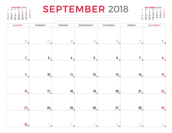 Вересень 2018 року. Шаблон дизайну планування календаря. Тиждень починається у неділю. Дизайн канцелярського приладдя — стоковий вектор