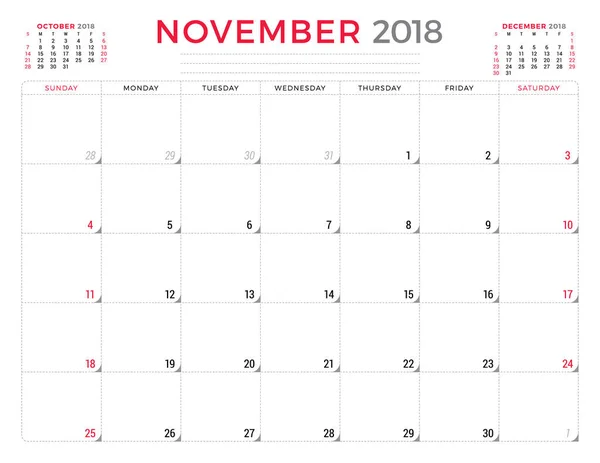Noviembre de 2018. Plantilla de diseño de planificador de calendario. La semana comienza el domingo. Diseño de papelería — Archivo Imágenes Vectoriales