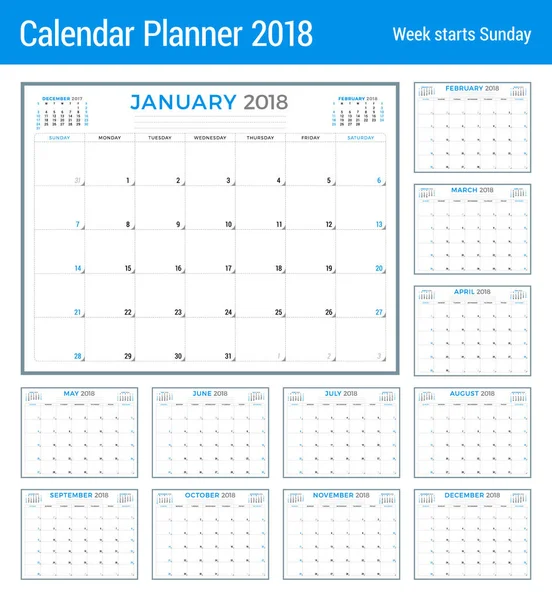 Kalender planner för 2018 år. Vector formgivningsmall. Veckan börjar på söndag. Pappersvaror design. Uppsättning av 12 månader — Stock vektor