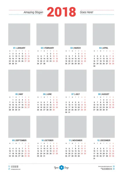 Plantilla de diseño de calendario para 2018 Año. La semana comienza el lunes. Diseño de Papelería. Cartel del calendario vectorial con lugar para la foto — Vector de stock