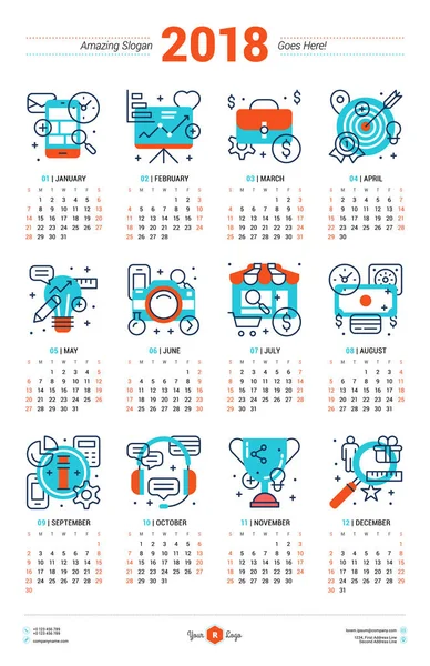 Kalenderentwurf Vorlage für 2018 Jahr. Die Woche beginnt am Sonntag. Schreibwarendesign. Vektor-Kalenderposter mit flachen Icons für Unternehmen — Stockvektor