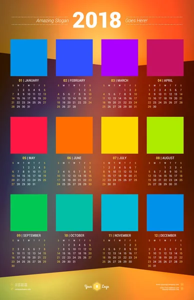 Шаблон плакату календаря на 2018 рік. Тиждень починається неділя. Дизайн канцелярського приладдя. Векторний календар з місцем для фотографії на абстрактному тлі — стоковий вектор
