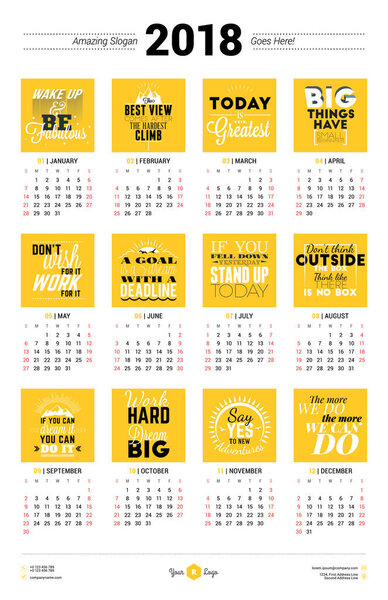 Calendar Poster Template for 2018 Year. Week starts Sunday. Stationery Design. Vector Calendar with Motivational Quotes