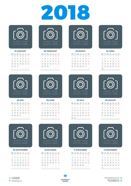 Affisch kalendermall för 2018 år. Veckan startar måndag. Pappersvaror Design. Vector kalender med plats för foto på vit bakgrund — Stock vektor