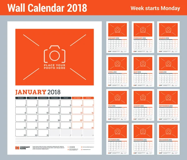 Διάνυσμα πρότυπο planner ημερολόγιο για το έτος 2018. Σετ των 12 μηνών. Διάνυσμα πρότυπο εκτύπωσης σχεδίασης με θέση για φωτογραφία. Κόκκινο και μαύρο χρώμα. Εβδομάδα ξεκινά τη Δευτέρα — Διανυσματικό Αρχείο