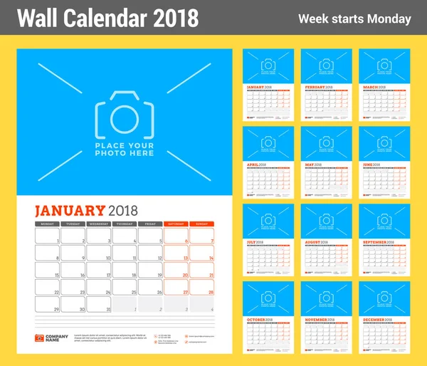 Șablon planificator de calendar vectorial pentru anul 2018. Set de 12 luni. Design vectorial șablon de imprimare cu loc pentru fotografie. Culori roșu și negru. Săptămâna începe luni — Vector de stoc