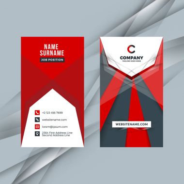 Dikey çift taraflı kırmızı ve siyah kartvizit şablonu. Vektör çizim. İleti örneği tasarım