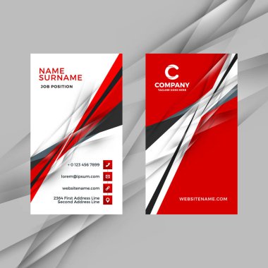 Dikey çift taraflı kırmızı ve siyah kartvizit şablonu. Vektör çizim. İleti örneği tasarım