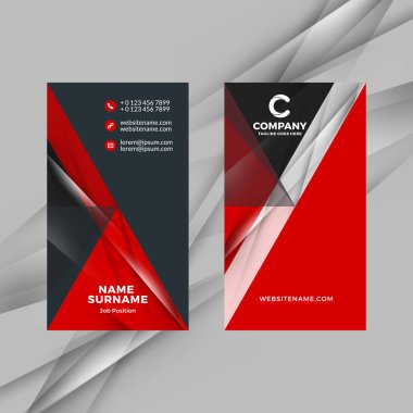 Dikey çift taraflı kırmızı ve siyah kartvizit şablonu. Vektör çizim. İleti örneği tasarım