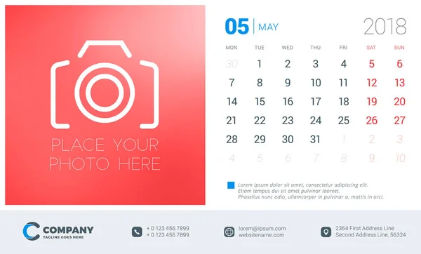 May 2018. Desk calendar design template with place for photo. Week starts on Monday. Vector Illustration — Stock Vector