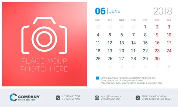 June 2018. Desk calendar design template with place for photo. Week starts on Monday. Vector Illustration — Stock Vector