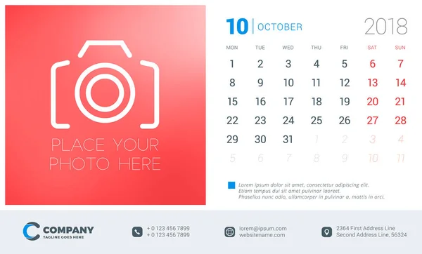 October 2018. Desk calendar design template with place for photo. Week starts on Monday. Vector Illustration — Stock Vector