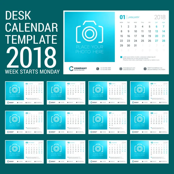 Schreibtischkalender für 2018 Jahr. Designvorlage mit Platz für Foto. Die Woche beginnt am Montag. Satz von 12 Seiten. Vektorillustration — Stockvektor