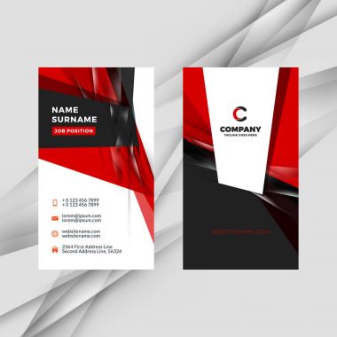 Dikey çift taraflı kırmızı ve siyah kartvizit şablonu. Vektör çizim. İleti örneği tasarım