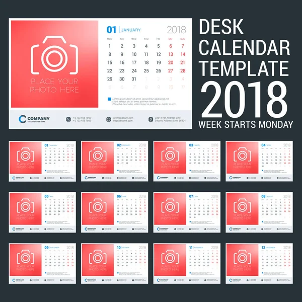 Επιτραπέζιο ημερολόγιο για το έτος 2018. Πρότυπο σχεδίασης με θέση για φωτογραφία. Εβδομάδα ξεκινά τη Δευτέρα. Σετ των 12 σελίδων. Εικονογράφηση διάνυσμα — Διανυσματικό Αρχείο