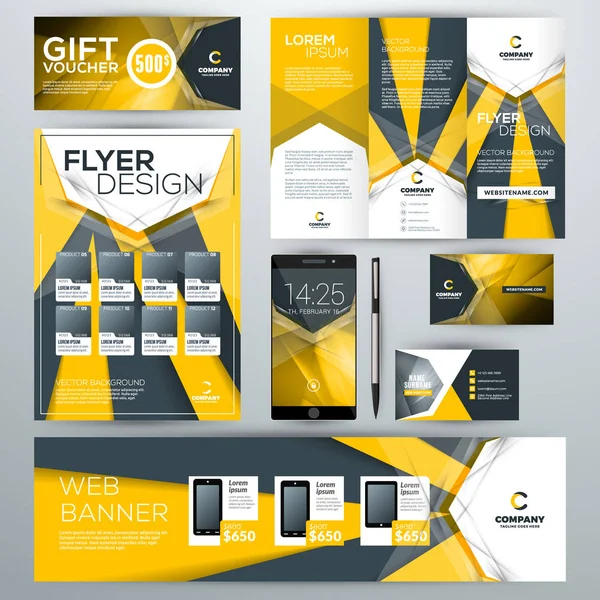 Set of stationery design templates. Corporate identity with abstract vector background. Web banner, flyer, booklet, gift voucher, business card, phone wallpaper — Stock Vector