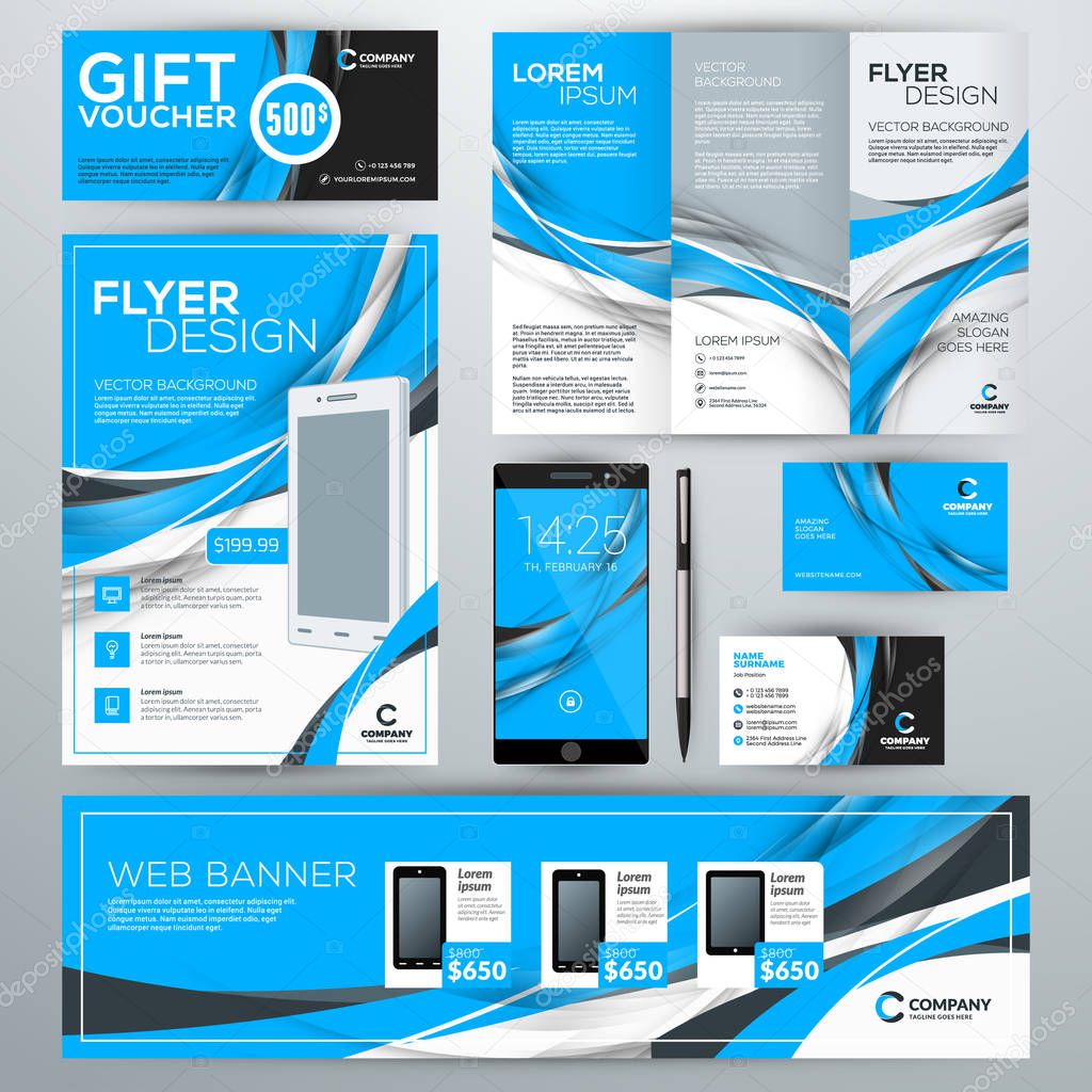 Set of stationery design templates. Corporate identity with abstract vector background. Web banner, flyer, booklet, gift voucher, business card, phone wallpaper