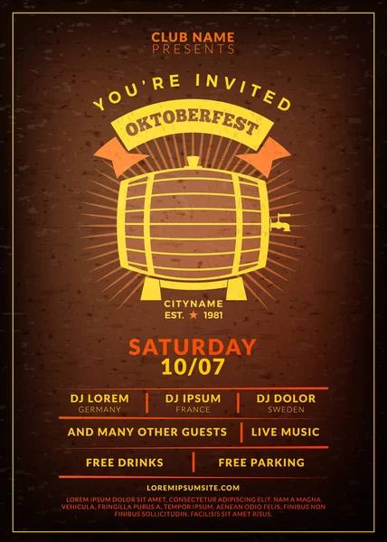 Oktoberfest bira Festivali kutlama. Tipografi şablon bira partisi için poster veya el ilanı. Vintage bira etiket üzerindeki kahverengi ahşap dokulu arka plan