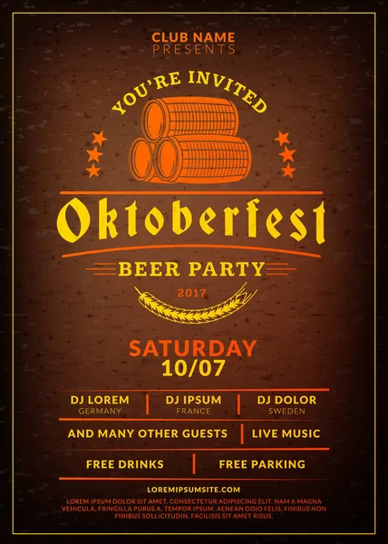 Oktoberfest bira Festivali kutlama. Tipografi şablon bira partisi için poster veya el ilanı. Vintage bira etiket üzerindeki kahverengi ahşap dokulu arka plan