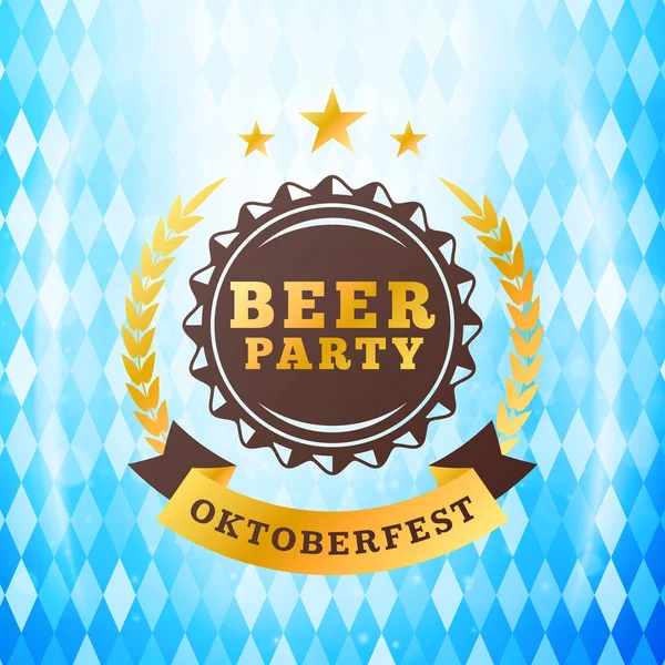 Festival de la cerveza Oktoberfest celebraciones. Insignia de cerveza vintage en el fondo tradicional de la bandera bávara con efecto de luz — Archivo Imágenes Vectoriales