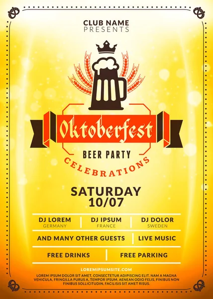 Oktoberfest bira Festivali kutlama. Tipografi şablon bira partisi için poster veya el ilanı. Vintage bira Etiket ışık efektleri ile altın bira arka plan üzerinde