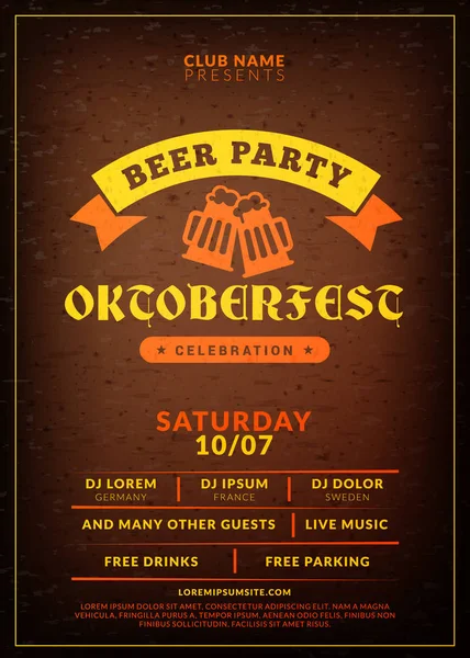 Oktoberfest beer festival celebration. Typography poster or flyer template for beer party. Vintage beer label on the brown wooden textured background — Stock Vector